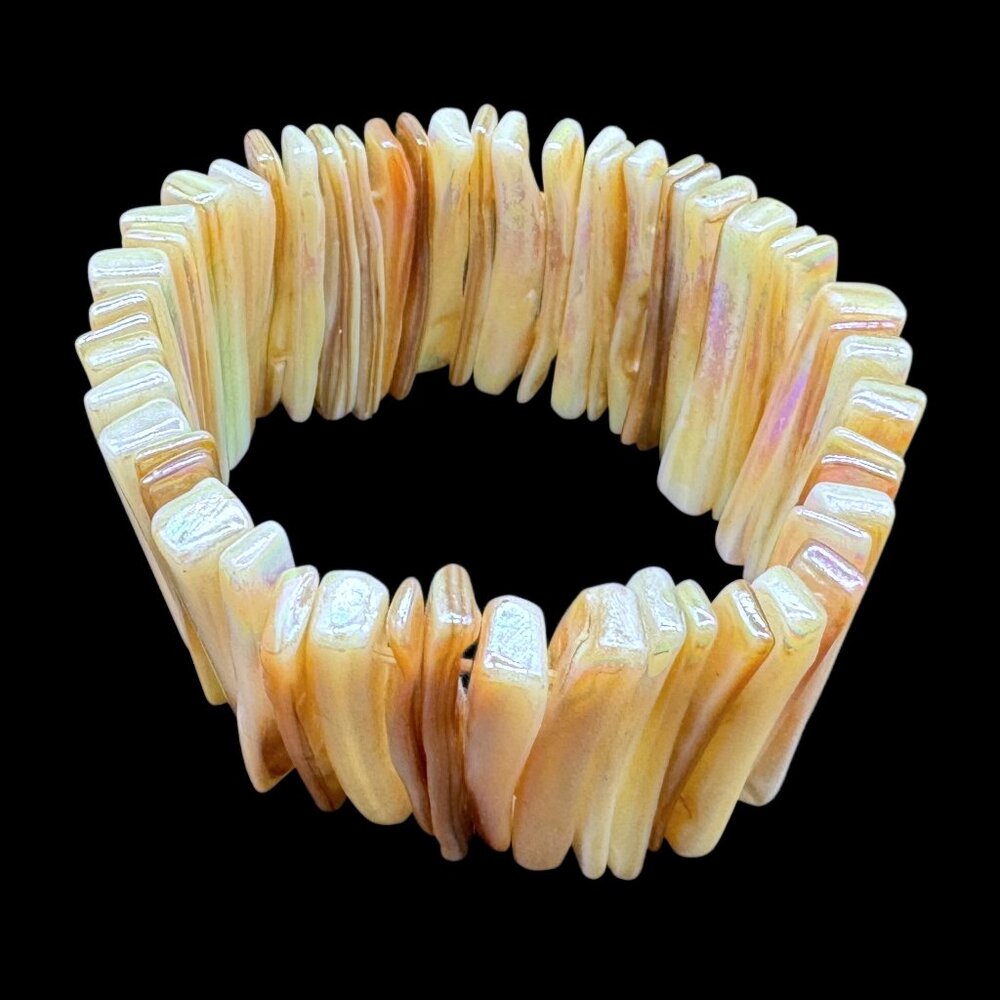 Vintage Abalone Shells Bracelet Stretch Cream and Tan Boho Handmade